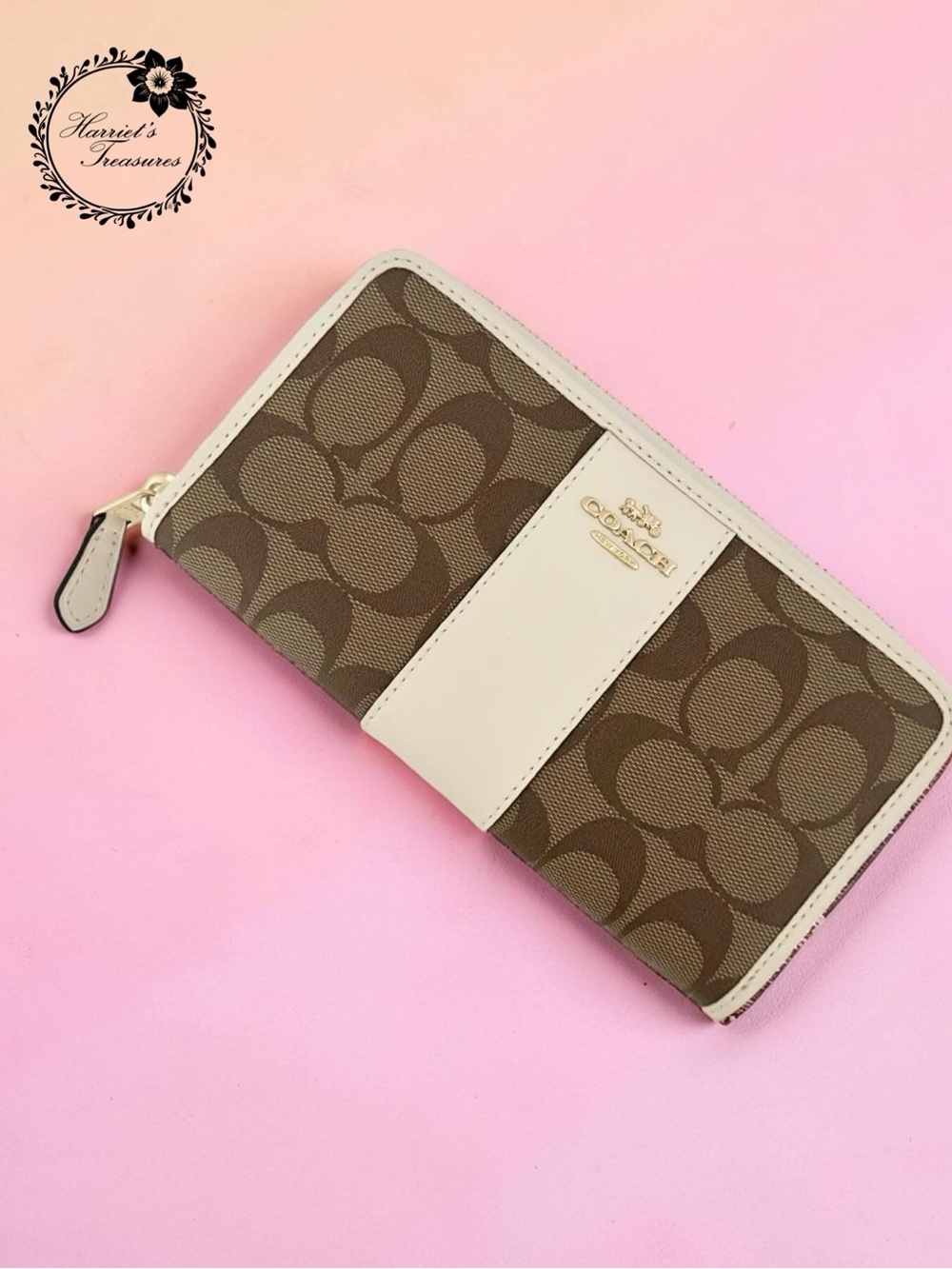Coach Brown and Cream Signature Zip Wallet